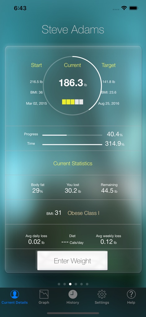 Monitor Your Weight - See how the app presents a clear circular progress indicator for current and target weights, alongside detailed statistics including body fat percentage and total weight lost.