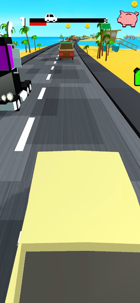 OverTake - The app highlights its challenging gameplay with close-quarters racing scenarios, forcing users to react quickly to large vehicles like the imposing truck ahead.
