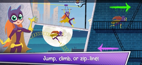 DC Super Hero Girls Blitz - Esta captura de tela exibe a Batgirl em destaque, enquanto outras versões dela demonstram habilidades como tirolesa e escalada, enfatizando a jogabilidade ativa e a personagem em movimento.