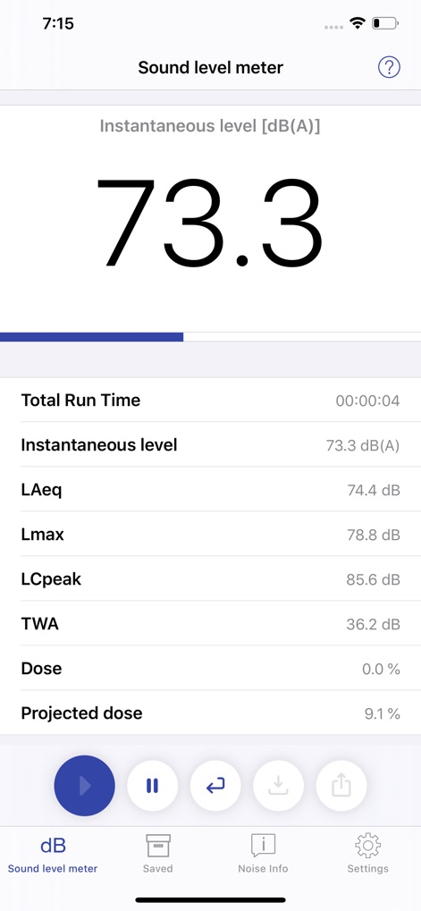 NIOSH Sound Level Meter - Observe the app's real-time sound level display and comprehensive metrics like LAeq and Projected Dose for instant noise assessment.