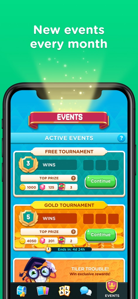 Word Domination: PvP Word Game - Explore the app's robust event hub, detailing active tournaments such as the 'Free Tournament' and 'Gold Tournament' with their respective progress and prize displays.