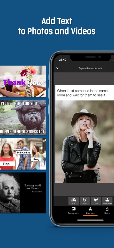 Mematic - The Meme Maker - See how the app allows users to easily add captions to images with customizable text input and a dedicated toolbar for quick adjustments.