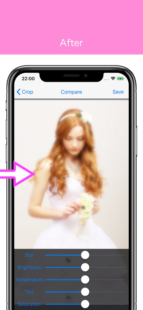 Soft Focus Lite 〜beauty selfie - Dopo aver applicato le modifiche, l'immagine mostra il potenziale di personalizzazione dell'app. Qui sono visibili l'immagine elaborata con l'effetto sfocato e la precisa regolazione dello slider "Blur" per ottenere il risultato desiderato.
