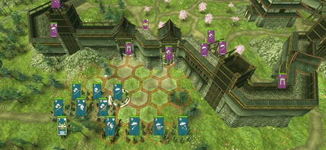Shogun's Empire: Hex Commander - Dieses Bild demonstriert das strategische Hexfeld-Raster und die visuellen Einheitenbanner mit Zahlen, die taktische Bewegungen und Truppenstärke anzeigen.