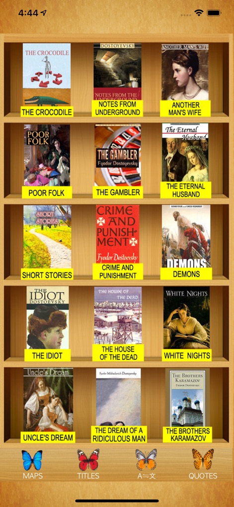Dostoyevsky - Nutzer können die App intuitiv durch die Werkesammlung navigieren, erkennbar an den hervorgehobenen Buchtiteln und der benutzerfreundlichen Symbolleiste am unteren Bildschirmrand.