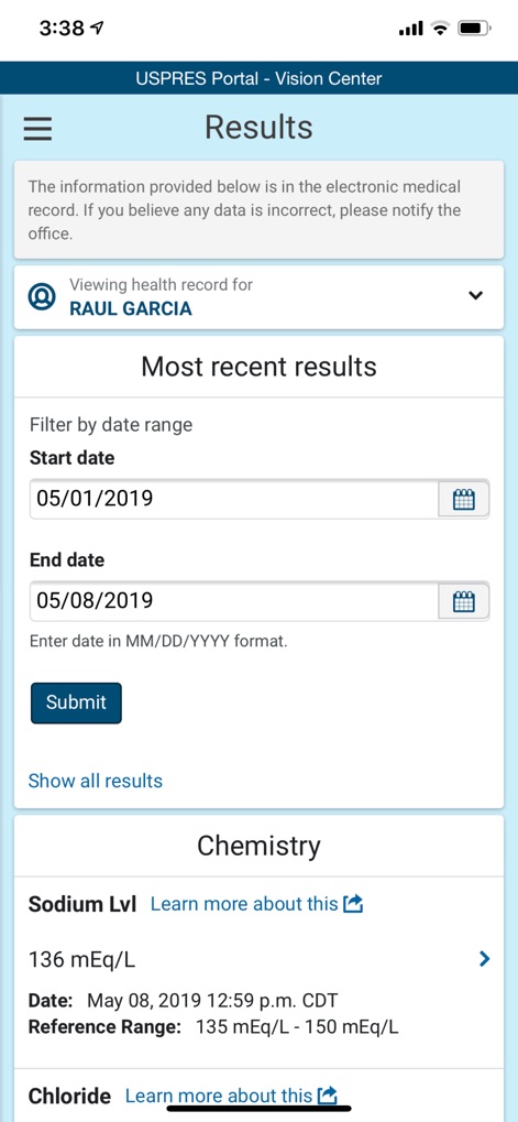 HealtheLife - Users gain immediate access to their lab results, with robust filtering capabilities including 'Start date' and 'End date' filters and detailed views of 'Chemistry' levels such as Sodium and Chloride.