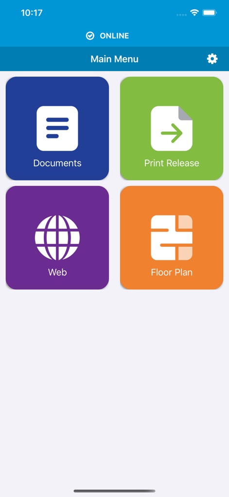 HP Advance - La aplicación ofrece un menú principal intuitivo con cuatro botones de función claramente definidos, permitiendo a los usuarios navegar rápidamente a tareas esenciales como imprimir documentos y liberar trabajos, mientras el estado "ONLINE" en la parte superior asegura una conectividad activa.
