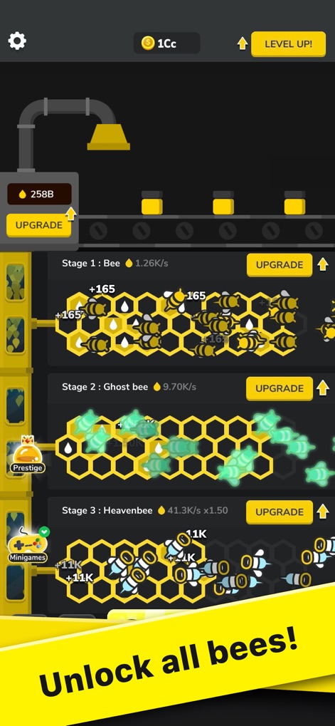 Bee Factory! - Aquí se aprecia la amplia variedad de abejas disponibles, desde 'Bee' hasta 'Heavenbee', organizadas por etapas. También se revelan accesos directos a funcionalidades adicionales como Prestige y Minijuegos, que amplían la jugabilidad.