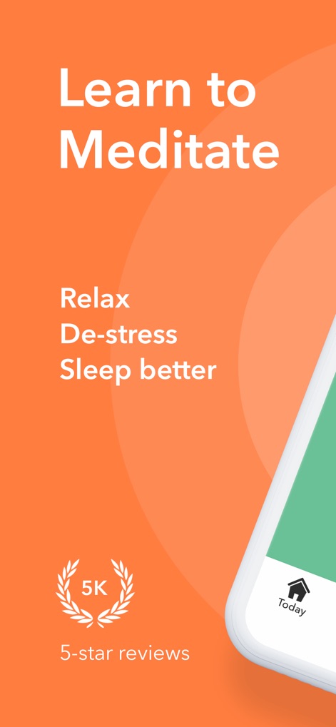 Present - Guided Meditation - The app prominently displays its core benefits such as "Relax, De-stress, Sleep better" and boasts an impressive "5K 5-star reviews" from satisfied users.