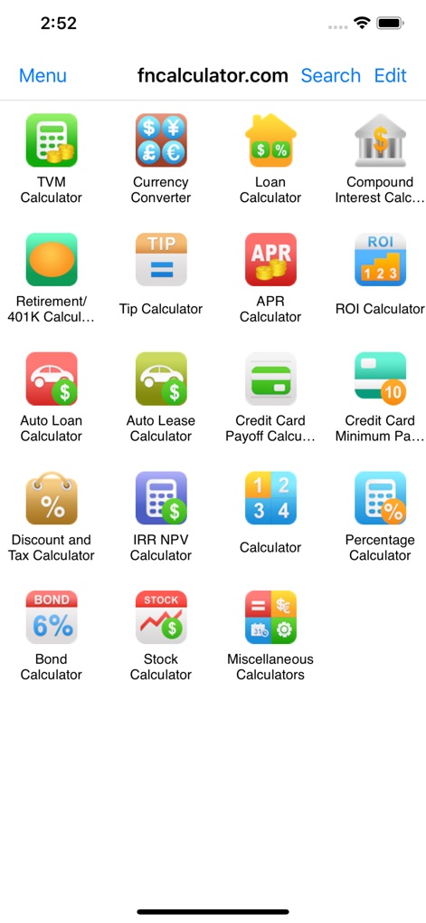 EZ Financial Calculators - Explore the app's intuitive home screen, showcasing a vast array of financial calculators through clear, easily recognizable icons.