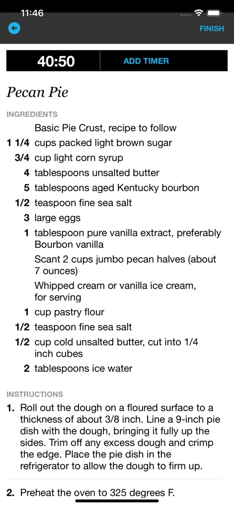 Pepperplate Cooking Planner - Questo screenshot evidenzia la sezione di preparazione della ricetta, con ingredienti e istruzioni dettagliate. In alto, un timer visibile e la possibilità di aggiungerne altri supportano la cottura precisa di ogni piatto.