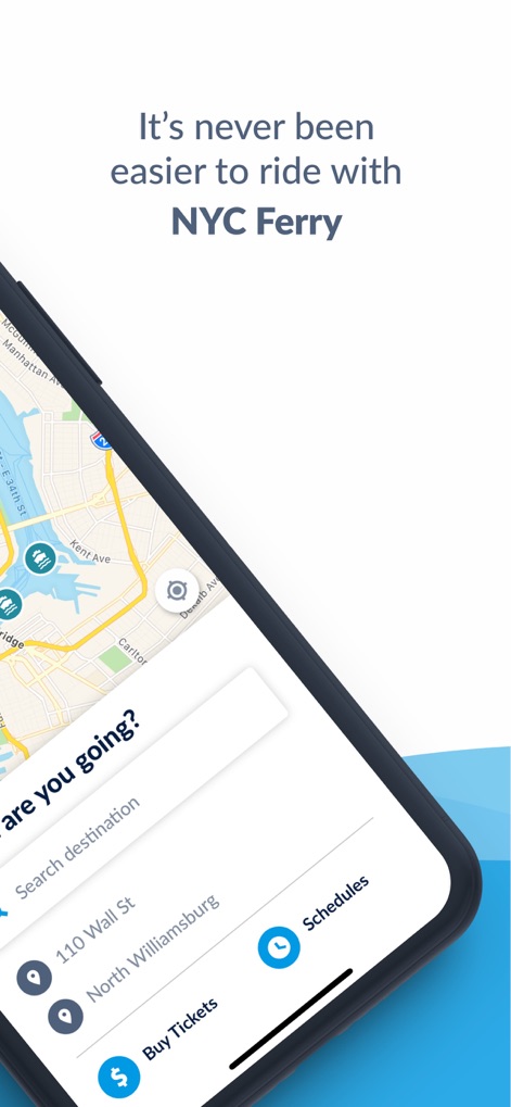 NYC Ferry - Users can effortlessly plan their journey by utilizing the intuitive destination search field and directly accessing the 'Buy Tickets' feature.