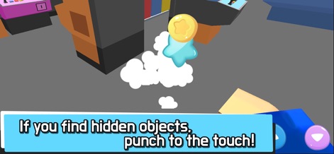 Hide.io - Observe the satisfying mechanic where seekers can 'punch to touch' found objects, triggering visual effects like the star-shaped reward icon and puff of smoke.
