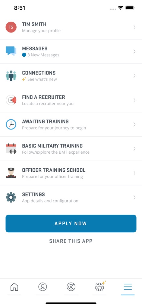 Aim High Air Force - Users manage their journey through a personalized dashboard, featuring 'Messages' for communication and direct access to 'Basic Military Training' resources.