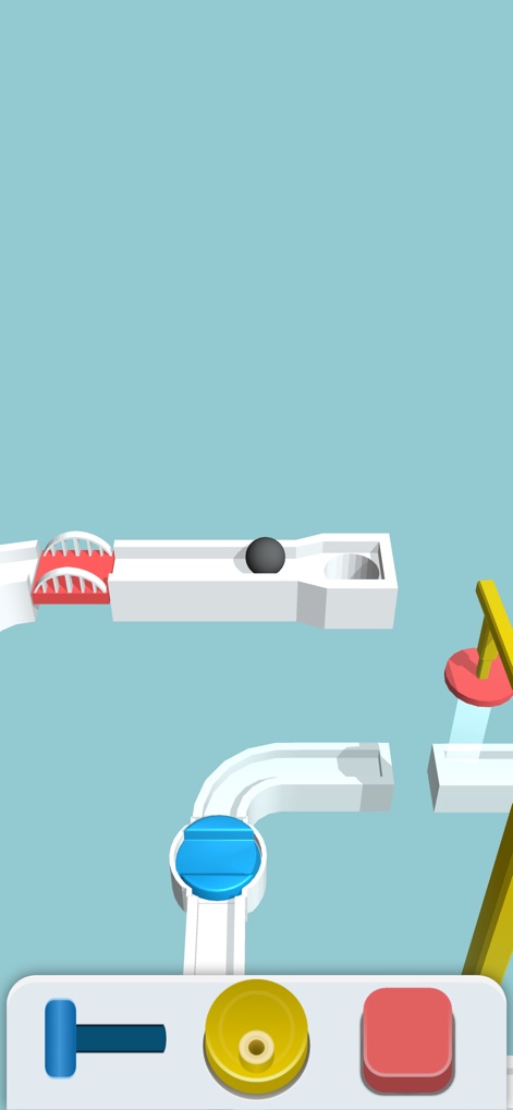 Ball Slider 3D - This view reveals the challenging red obstacles players must avoid and the blue rotatable objects used to clear pathways.