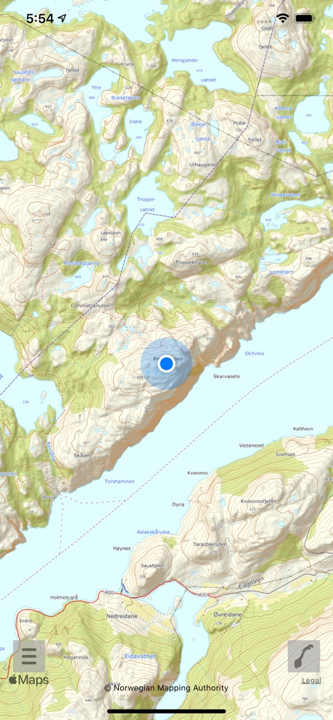 Here and there+ (offline maps) - Questa mappa ad alta risoluzione mette in evidenza la complessa orografia norvegese, con le isoipse che tracciano l'altitudine e l'abbondanza di specchi d'acqua interni e fiordi distintamente visibili.