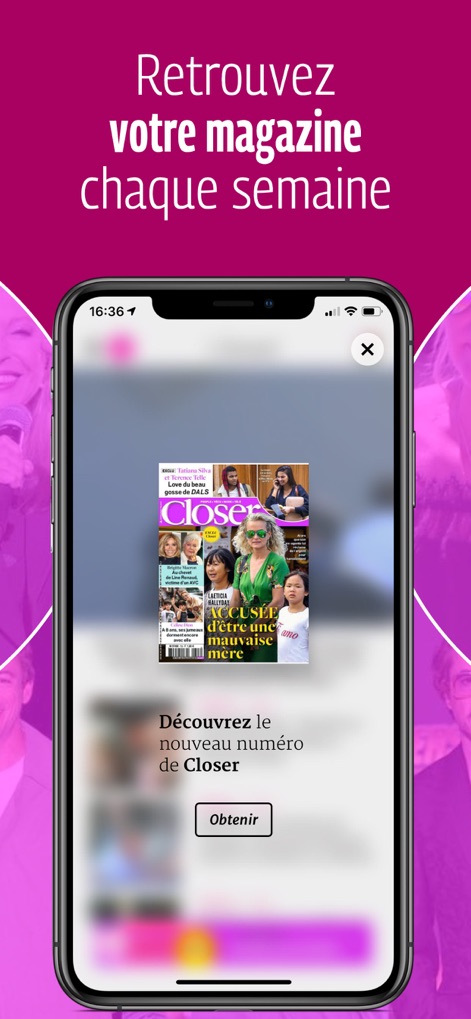 Closer – Actu et exclus People - O aplicativo oferece acesso à capa da revista digital e um botão 'Obter' para adquirir a nova edição, permitindo aos usuários folhear o conteúdo da publicação.
