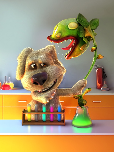Talking Ben the Dog for iPad - L'immagine mostra Ben sorridente, intento a presentare una pianta carnivora verde che emerge da una beuta, invitando gli utenti a esplorare le sue creazioni più bizzarre.