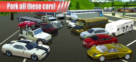 Gas Station: Car Parking Sim - Master the art of parking with an extensive fleet of vehicles, ranging from sleek sports cars to massive trailers and a large yellow school bus.