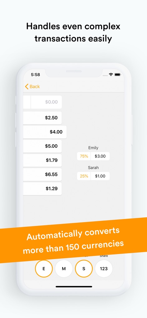 Splid – Split group bills - The app allows for flexible expense allocation through features like unequal splits for individuals (e.g., Emily 75%, Sarah 25%) and effortlessly handles conversions across "more than 150 currencies".