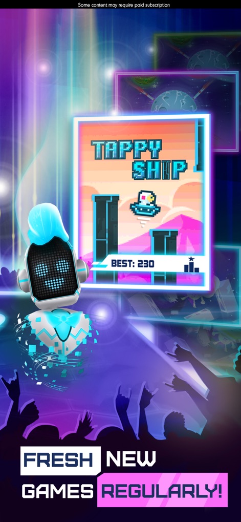 Budge GameTime - O aplicativo ressalta a inclusão contínua de novos conteúdos, mostrando a jogabilidade de "Tappy Ship" com seu personagem flutuante e o mascote robótico animado na lateral da tela.