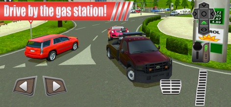 Gas Station: Car Parking Sim - Explore the bustling gas station environment, maneuvering diverse vehicles like the tow truck and red SUV, guided by intuitive on-screen controls.