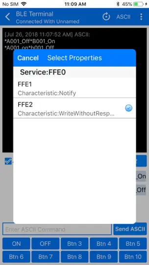 Captura de pantalla de BLE Terminal HM-10 en iPhone 4