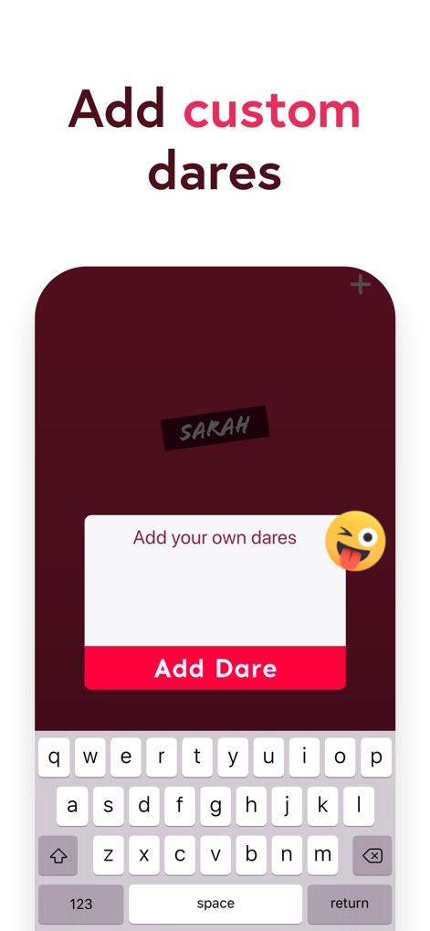 Sex & Love Game for Couple 18+ - Users are empowered to enhance their experience by utilizing the 'Add your own dares' input field, allowing for unique challenges, and the prominent 'Add Dare' button to save creations.