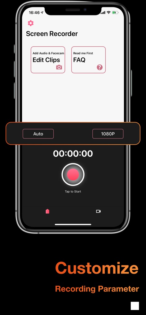 Screen Recorder ° - Die App ermöglicht es, Aufnahmeparameter wie die Auflösung (z.B. 1080P) anzupassen und bietet direkten Zugang zu weiteren Einstellungen wie dem Hinzufügen von Facecam und Audio.