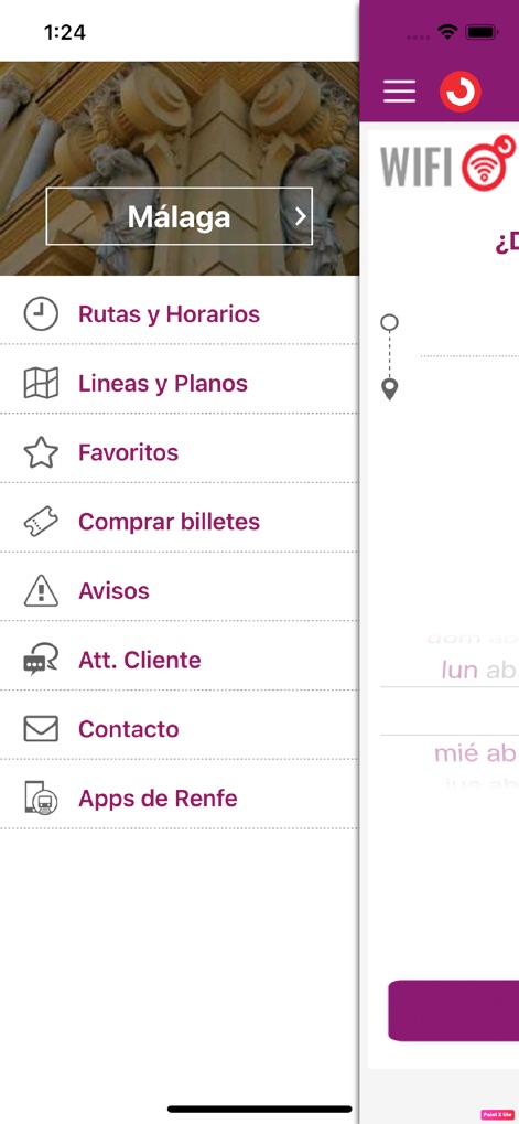 Renfe Cercanias - La schermata mostra il menu laterale con il nucleo "Málaga" in evidenza, offrendo un accesso diretto a funzionalità chiave come "Rutas y Horarios" e le opzioni di "Contacto".