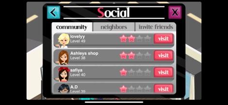 Fashion Story™ - Users can effortlessly manage their social network through the 'neighbors' tab and visit friends' boutiques to gain inspiration and interact.