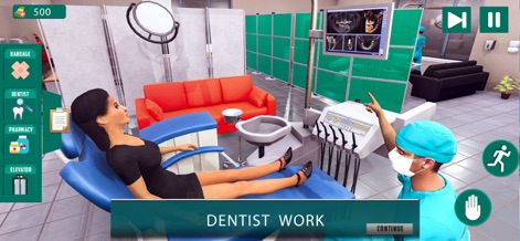 Dream Hospital Real Doctor Sim - Discover the specialized dental office, showcasing the detailed dentist chair setup and the diagnostic X-ray display on the monitor.