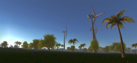 Ocean Is Home: Survival Island - The image displays modern power generation with multiple wind turbines, contrasting with the natural beauty of palm trees across the expansive island.