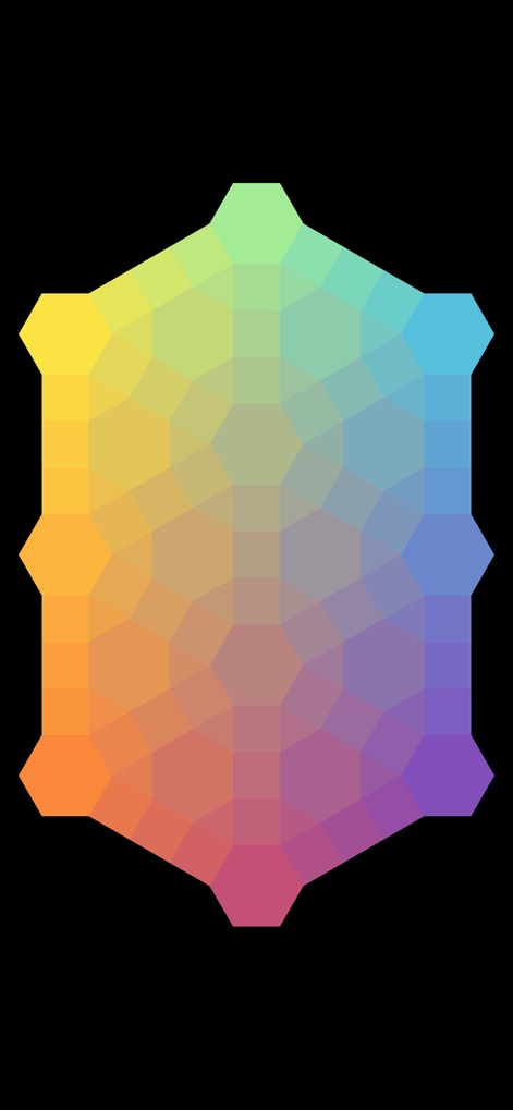 I Love Hue Too - Explore the seamless color transitions within a large hexagonal grid, revealing how users order tiles to create a perfect rainbow spectrum.