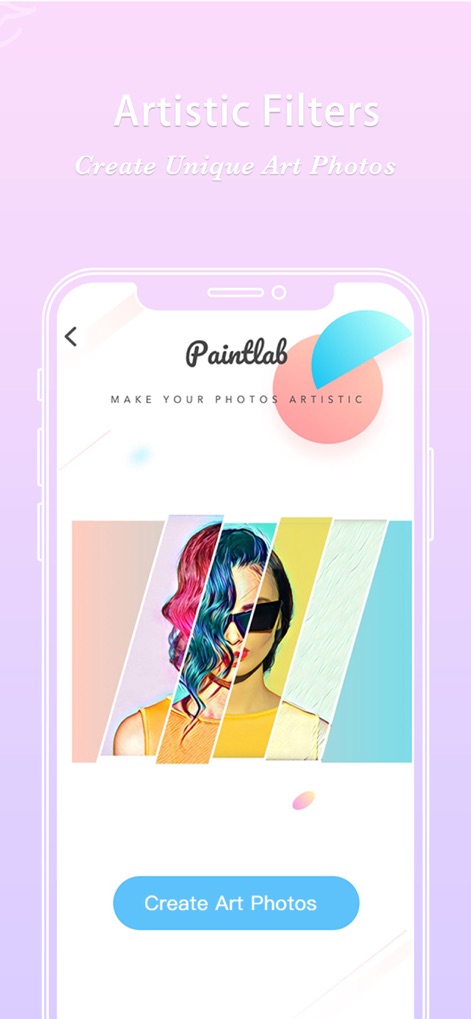 FotoRus -Camera & Photo Editor - Esta captura demonstra os filtros artísticos do aplicativo, que aplicam efeitos de pintura e segmentação à imagem para um visual distinto, com um botão 'Create Art Photos' para finalizar a criação.