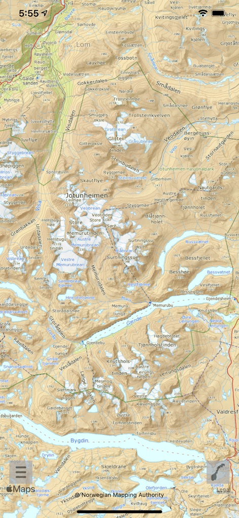 Here and there+ (offline maps) - Le mappe mostrano una straordinaria granularità per le aree montuose, con le linee di contorno fittamente disegnate che indicano le variazioni di altitudine e i nomi dei ghiacciai come "Memurubrean" che forniscono riferimenti chiave.