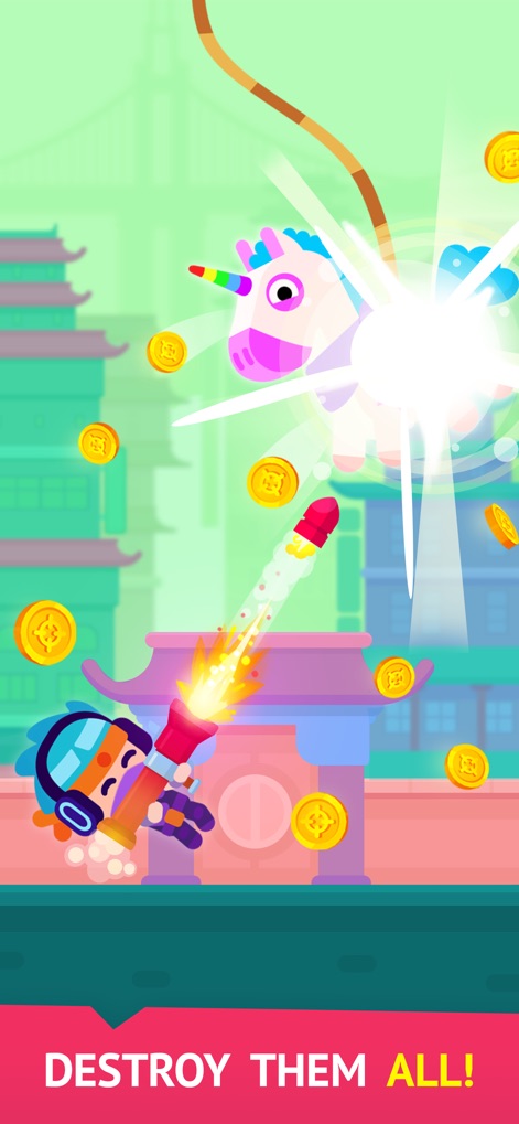 Pinatamasters - カラフルなユニコーン型ピニャータがロケット武器で粉砕され、豪快な爆発エフェクトが画面を彩ります。