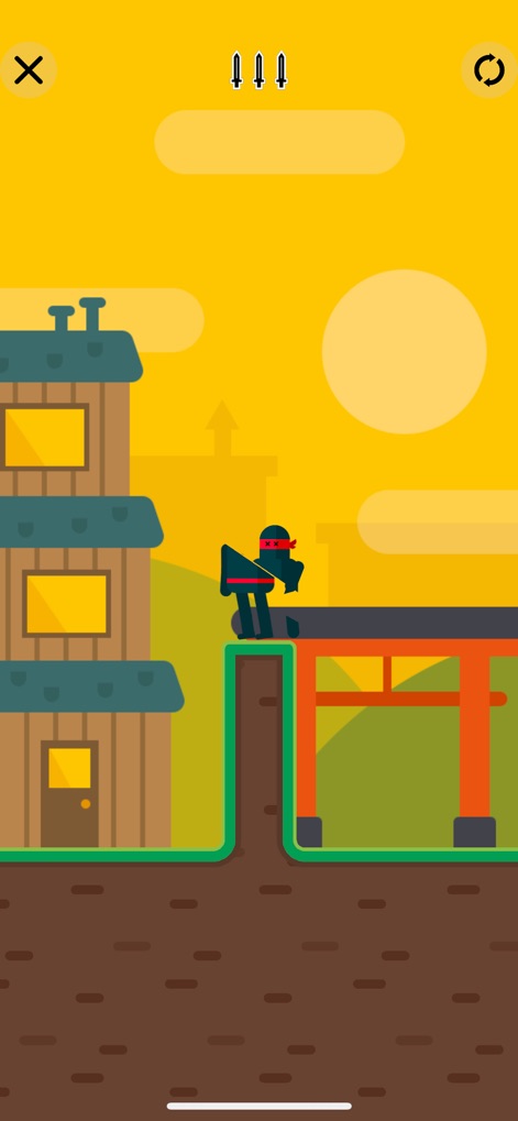 Mr Ninja - Slicey Puzzles - A glimpse into active gameplay reveals the black ninja poised on a traditional torii gate against a vibrant yellow sky, indicating a stealthy mission.