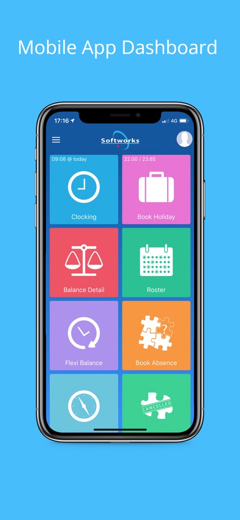 Softworks Self Service App - La panoramica delle funzionalità mette in evidenza la disposizione a griglia delle opzioni principali, dove gli utenti possono visualizzare a colpo d'occhio il proprio saldo ferie e accedere a tutte le funzioni chiave.