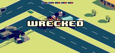 Smashy Road: Wanted - Les utilisateurs font face à l'inévitable avec l'affichage clair du statut "WRECKED" après une collision intense, illustrant les effets de destruction détaillés des véhicules et du décor.