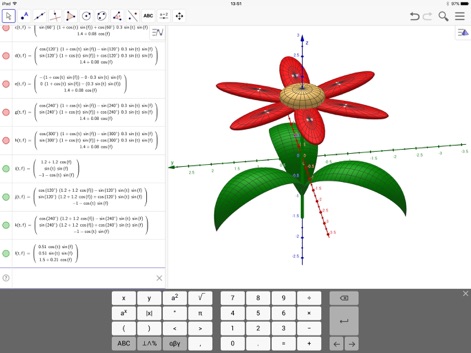 GeoGebra Classic - La aplicación ofrece una potente representación 3D de una figura compleja similar a una flor, generada a partir de múltiples ecuaciones paramétricas detalladas presentadas en el panel lateral.