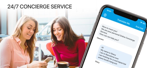 Translate Me - Live Translator - Uncover the integrated 24/7 travel concierge, demonstrating its intuitive chat interface and personalized assistance for local recommendations.