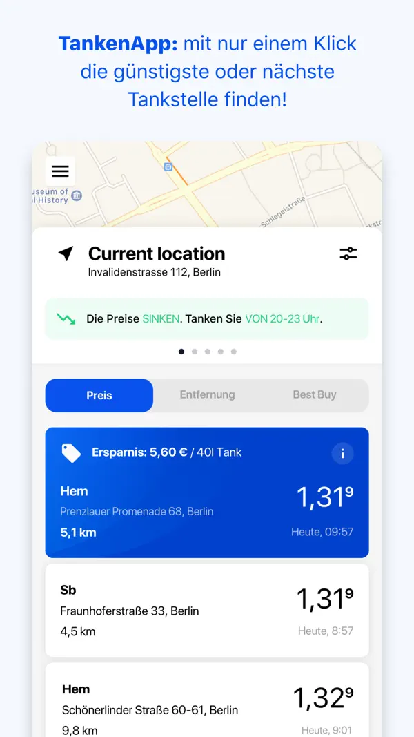 TankenApp mit Benzinpreistrend iPhone App Screenshot 1 – Navigation