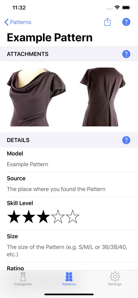 Sewing Patterns - パターンの詳細画面では、完成品のモデル画像（正面と背面）を確認できます。さらに、プロジェクトの難易度を示す「Skill Level」の星評価により、ユーザーは自分のスキルレベルに合ったパターンを判断できます。