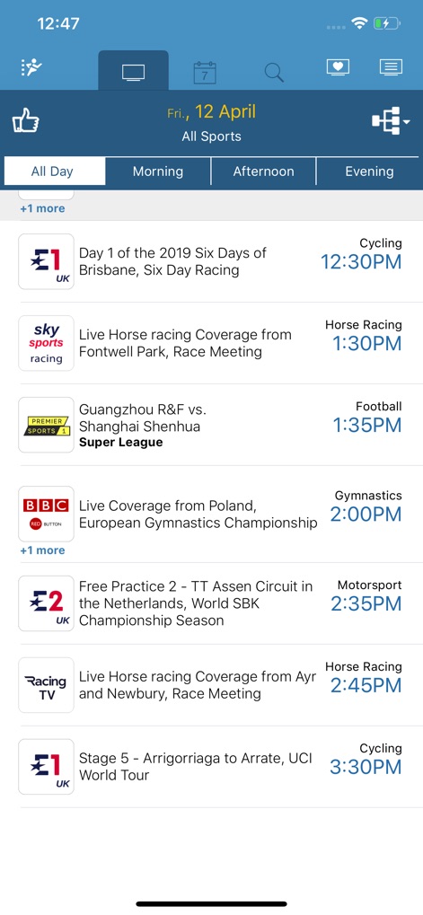 Live Sport TV Listing Guide - Esta pantalla principal exhibe un listado detallado de los próximos eventos deportivos en vivo, mostrando los **canales específicos de transmisión** y permitiendo a los usuarios filtrar por **momentos del día** para una planificación eficiente.
