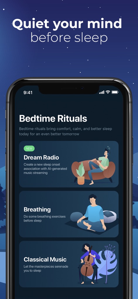 Sleepzy - Sleep Cycle Tracker - La sección de "Rituales para Dormir" ofrece opciones como "Dream Radio" para música generada por IA y ejercicios de "Breathing" para calmar la mente antes de conciliar el sueño.