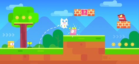 Super Phantom Cat 2 - 캐릭터는 초록색 대지와 푸른 하늘 아래에서 점프하며 코인을 모으고, 물음표 블록을 통해 새로운 아이템을 발견합니다.