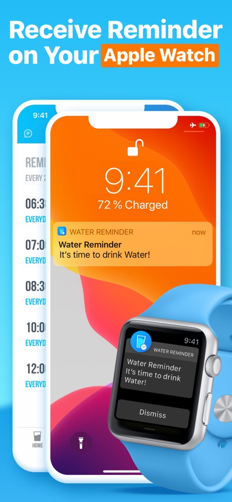 Water Reminder - Daily Tracker - Users receive timely hydration reminders through both iPhone notification pop-ups and seamless Apple Watch integration.
