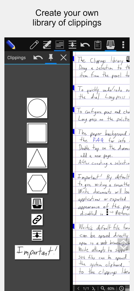 Stylus Labs Write Pro - Aquí se muestra la función de biblioteca de recortes, con una barra lateral etiquetada "Clippings" que contiene formas geométricas básicas y un texto manuscrito "Important!" para su inserción.