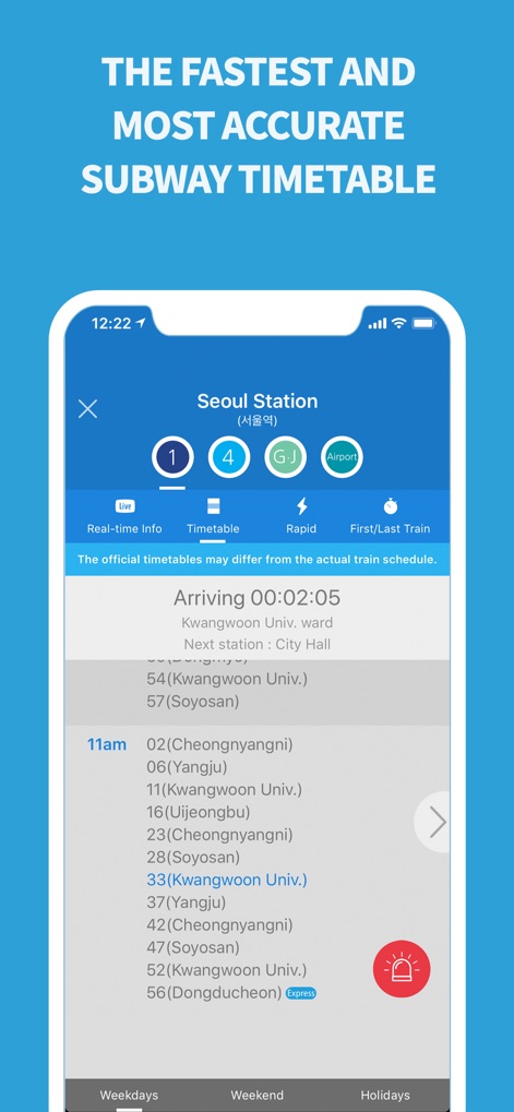 Subway Korea - Users gain access to precise real-time information and comprehensive timetables, complete with an integrated alarm feature for timely departures.
